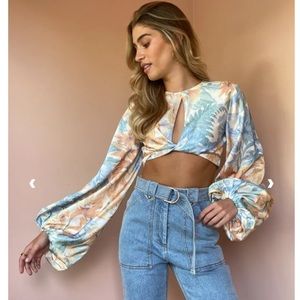 Floral Keyhole Tie-Front Crop Top in Pastel Blue and Peach